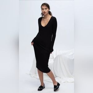 ATM Modal Rib Long Sleeve Deep V-neck Midi Dress Size Large